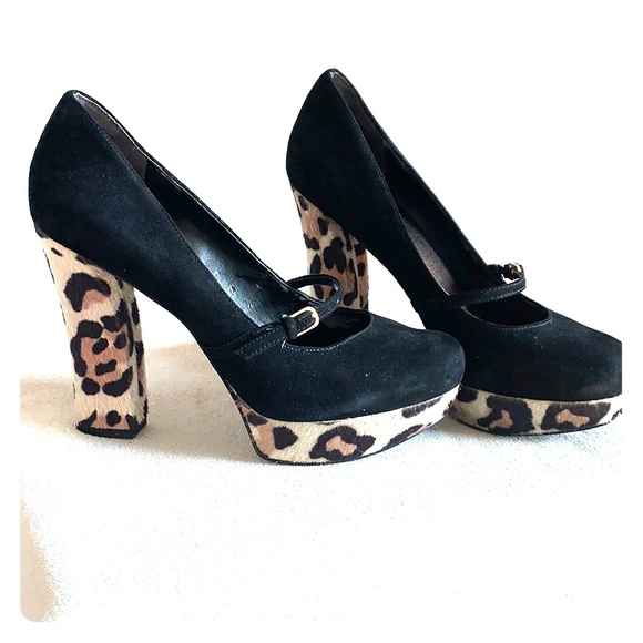 Guess Black Suede/Pony Hair Leopard Platform Heels - Picture 1 of 5